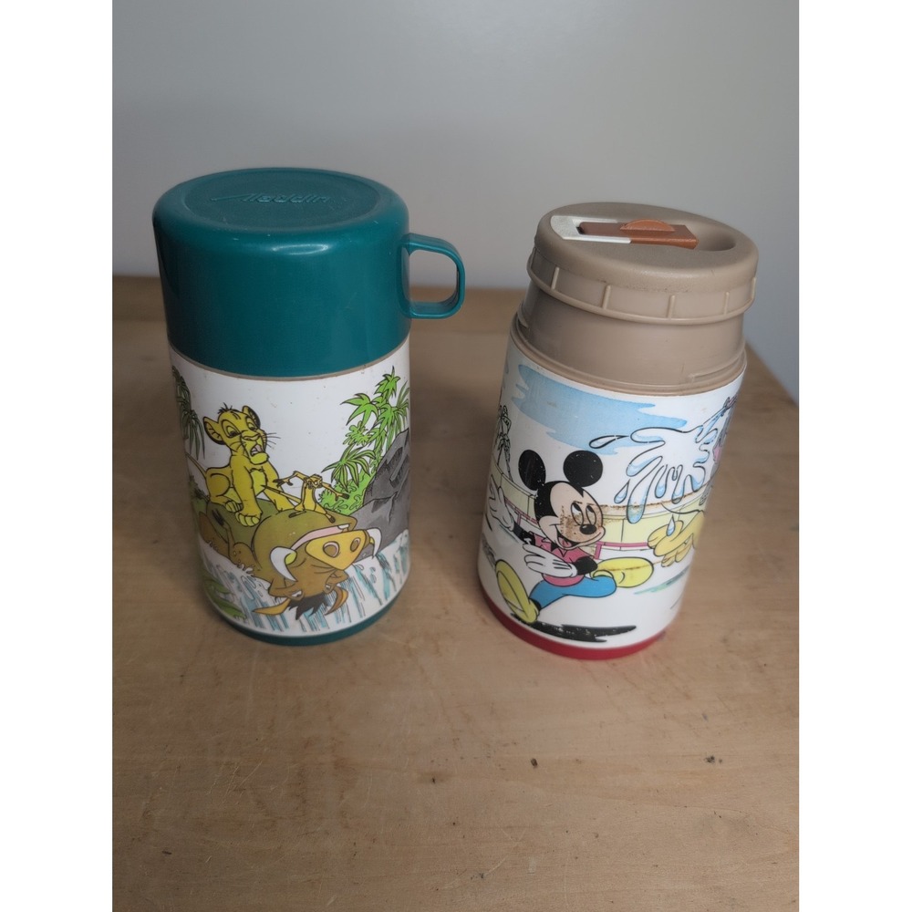 Lot of 2 Vtg Aladdin Thermos Mickey Mouse Lion King Red Teal Stopper 37 & 371